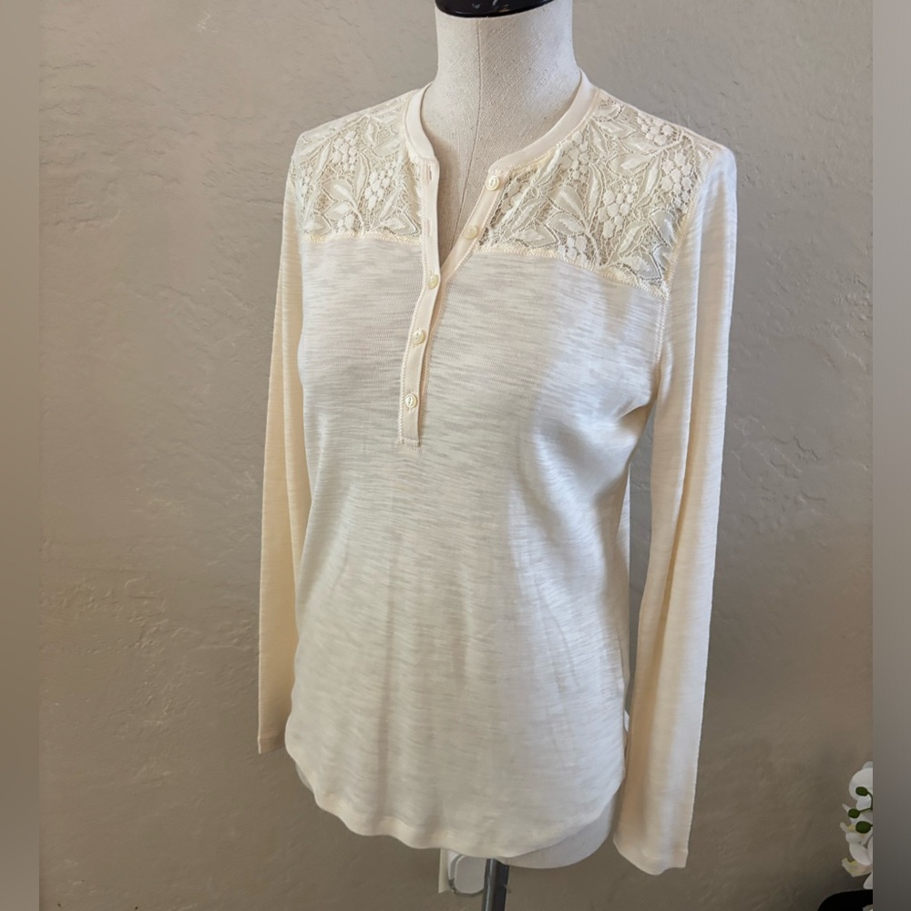 American Living Lace Accent Long-Sleeve Henley Top - Cream Sz S NWT